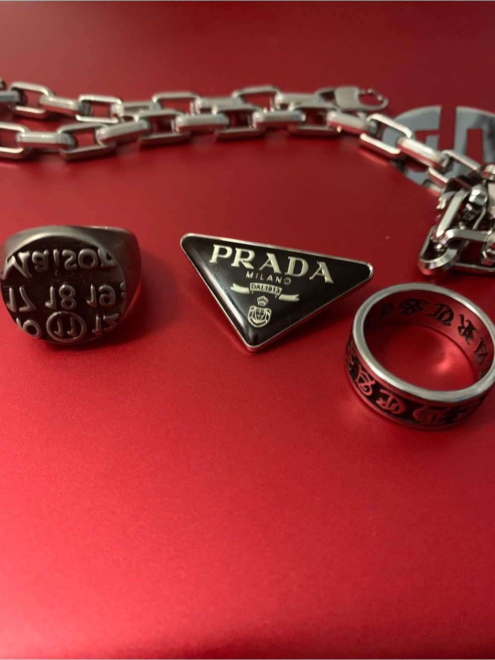 Triangle Logo Metal Pin - Black & Silver Rings. 19 Inch chain.